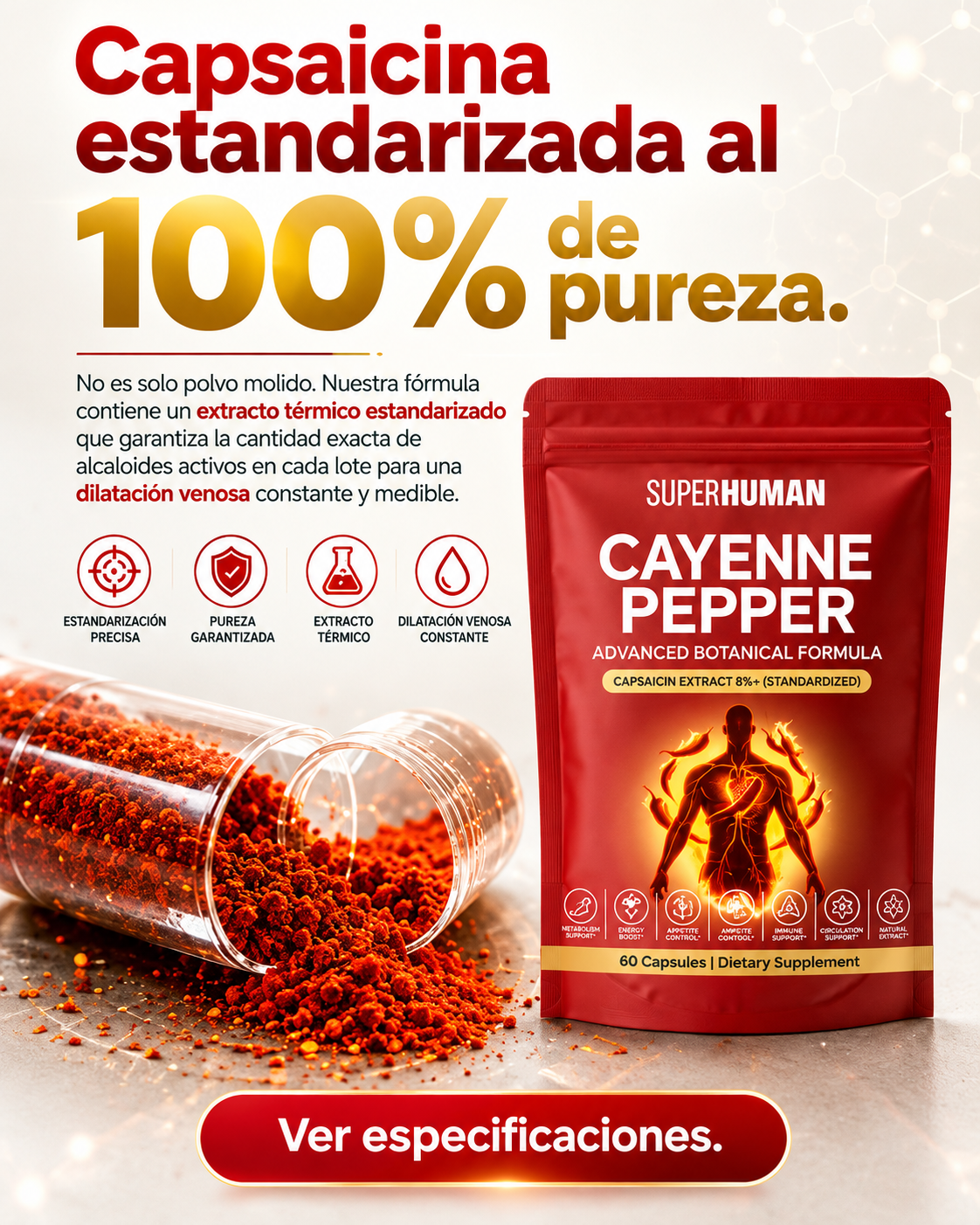 Cayenne Pepper – Suplemento Botánico para Circulación Saludable (60 Cápsulas) SuperHuman